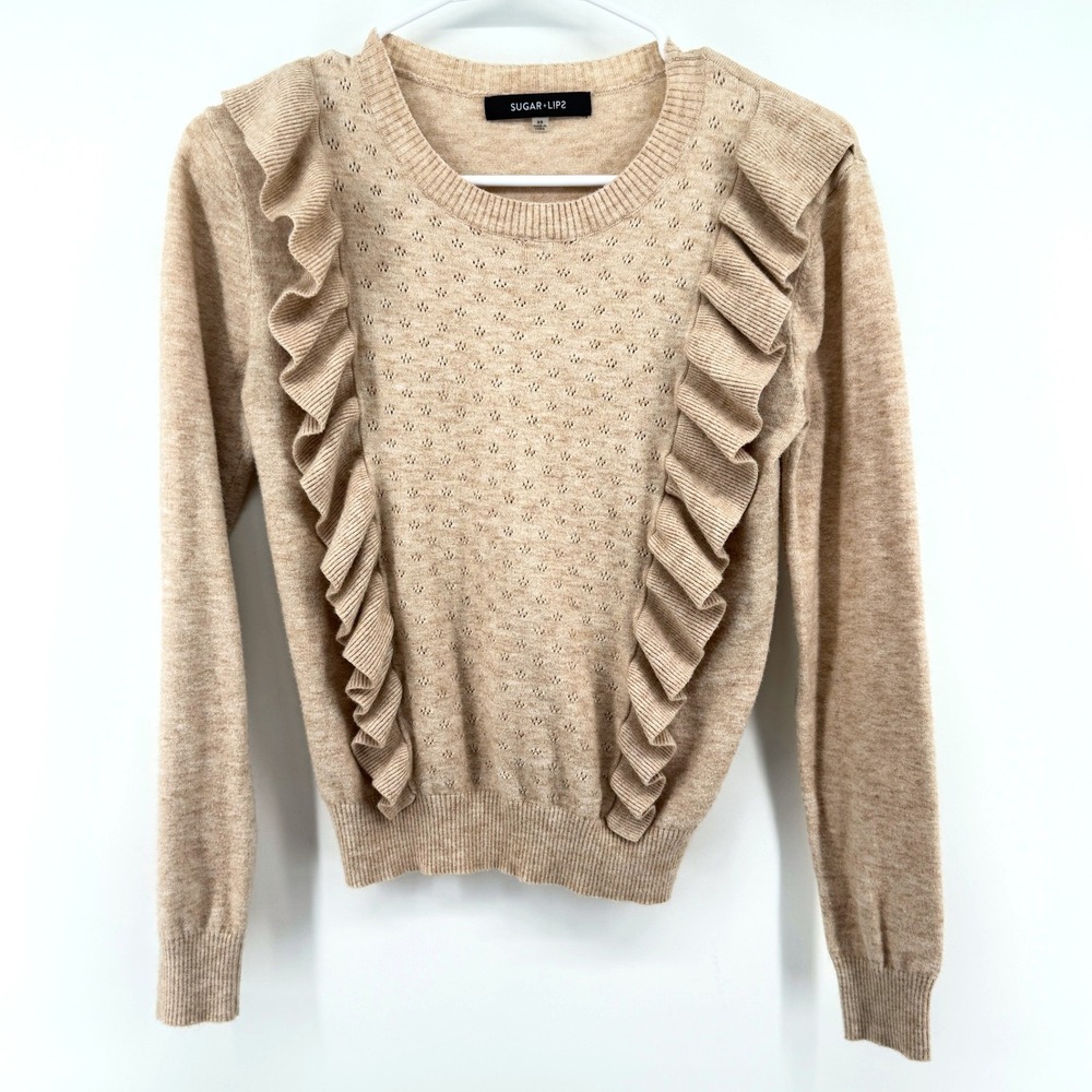 Sugar Lips Sweater Ruffle Pointelle Knit XS Tan Women Pullover Long Sleeve